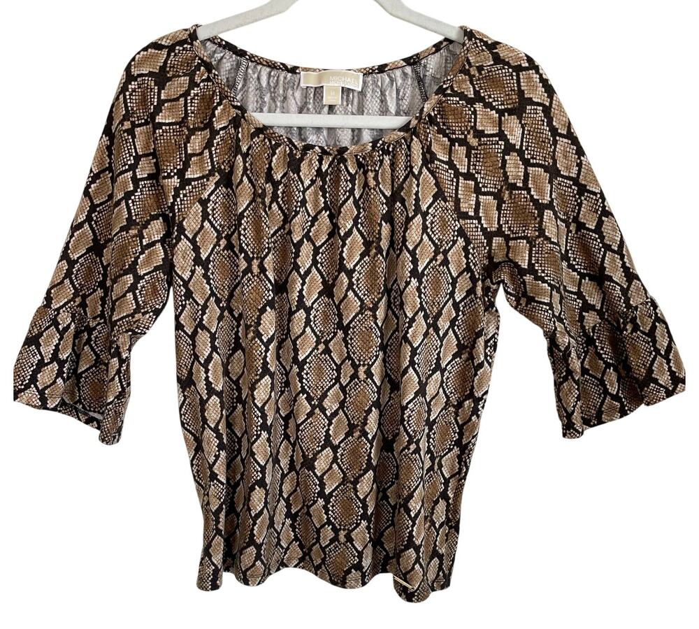 Michael Michael Kors Snakeskin Print Top Sz M Short Bell Sleeves Brown Stretch
